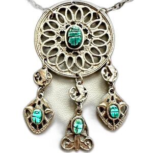 Vintage 70s 80s costume Jewelry Scarab Egyptian Revival Pendant Necklace